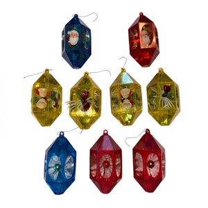 Vintage Jewel Brite Hard Plastic Diorama Christmas Tree Ornaments 9pc Set 1960's